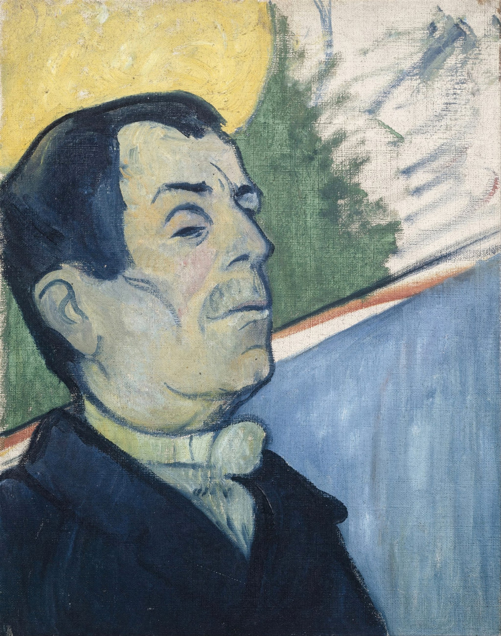 Retrato de Meyer de Haan, óleo sobre tela de Paul Gauguin, retratando um homem de perfil com vestimenta escura e fundo em tons de amarelo, verde e azul claro. A obra é caracterizada por pinceladas marcadas e cores simbólicas, típicas do Pós-Impressionismo.