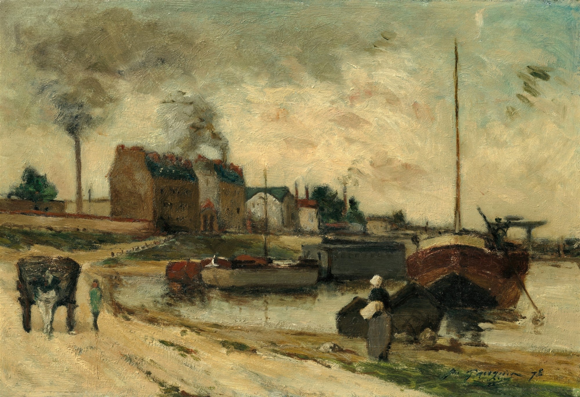 Pintura a óleo de Paul Gauguin, 'Le Port de Javel', retratando um porto com barcos, edifícios industriais e figuras humanas em tons terrosos e céus nublados.