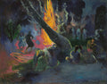 Pintura de Paul Gauguin, 'A Fogueira', com pessoas ao redor de um fogo intenso em tons de amarelo e laranja, contra um fundo noturno azul escuro e verde.