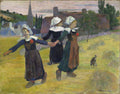 Quadro decorativo "A Ronda das Meninas" de Paul Gauguin, óleo sobre tela, retratando três meninas camponesas dançando em uma paisagem rural com palheiros, uma igreja e casas ao fundo.