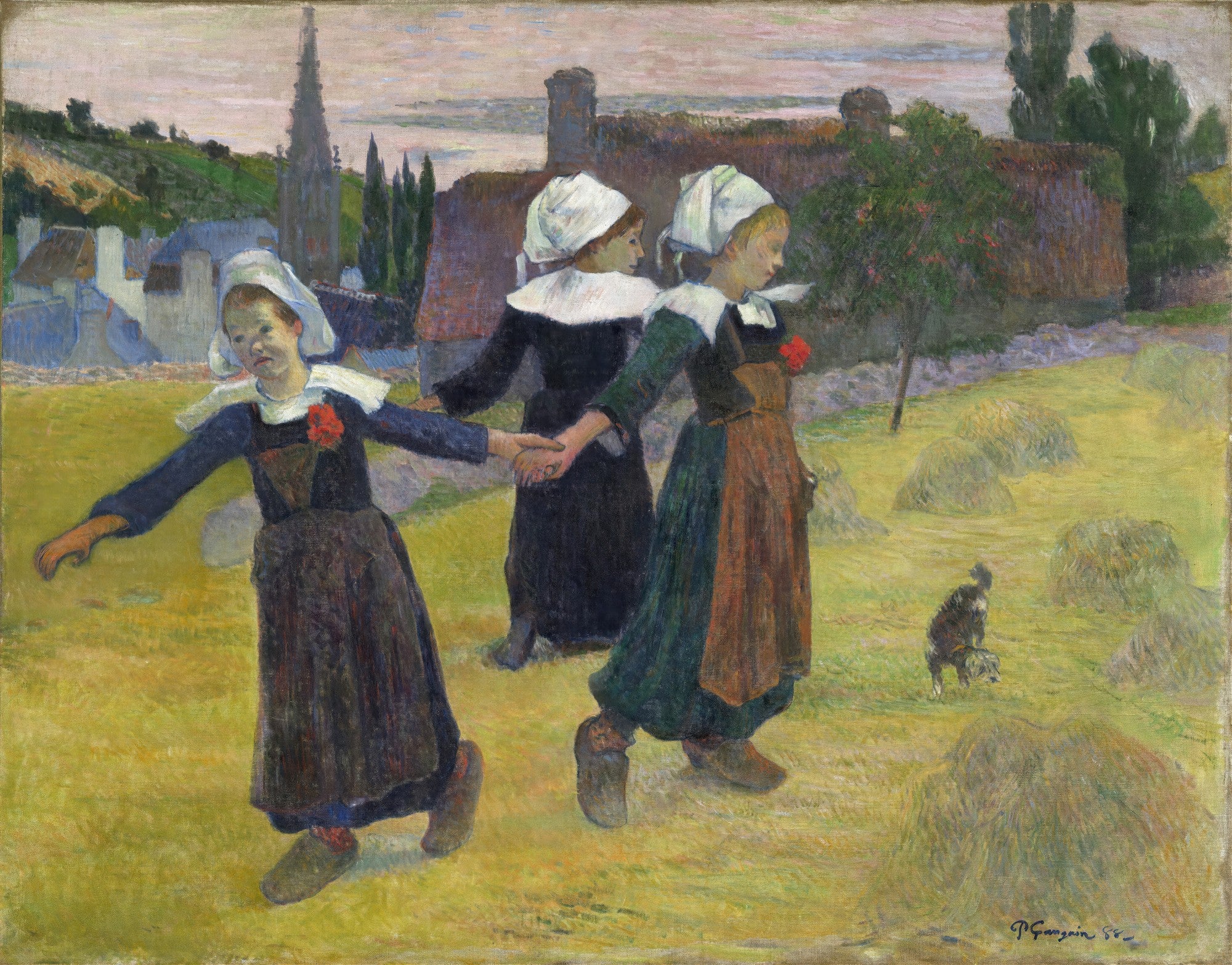 Quadro decorativo "A Ronda das Meninas" de Paul Gauguin, óleo sobre tela, retratando três meninas camponesas dançando em uma paisagem rural com palheiros, uma igreja e casas ao fundo.