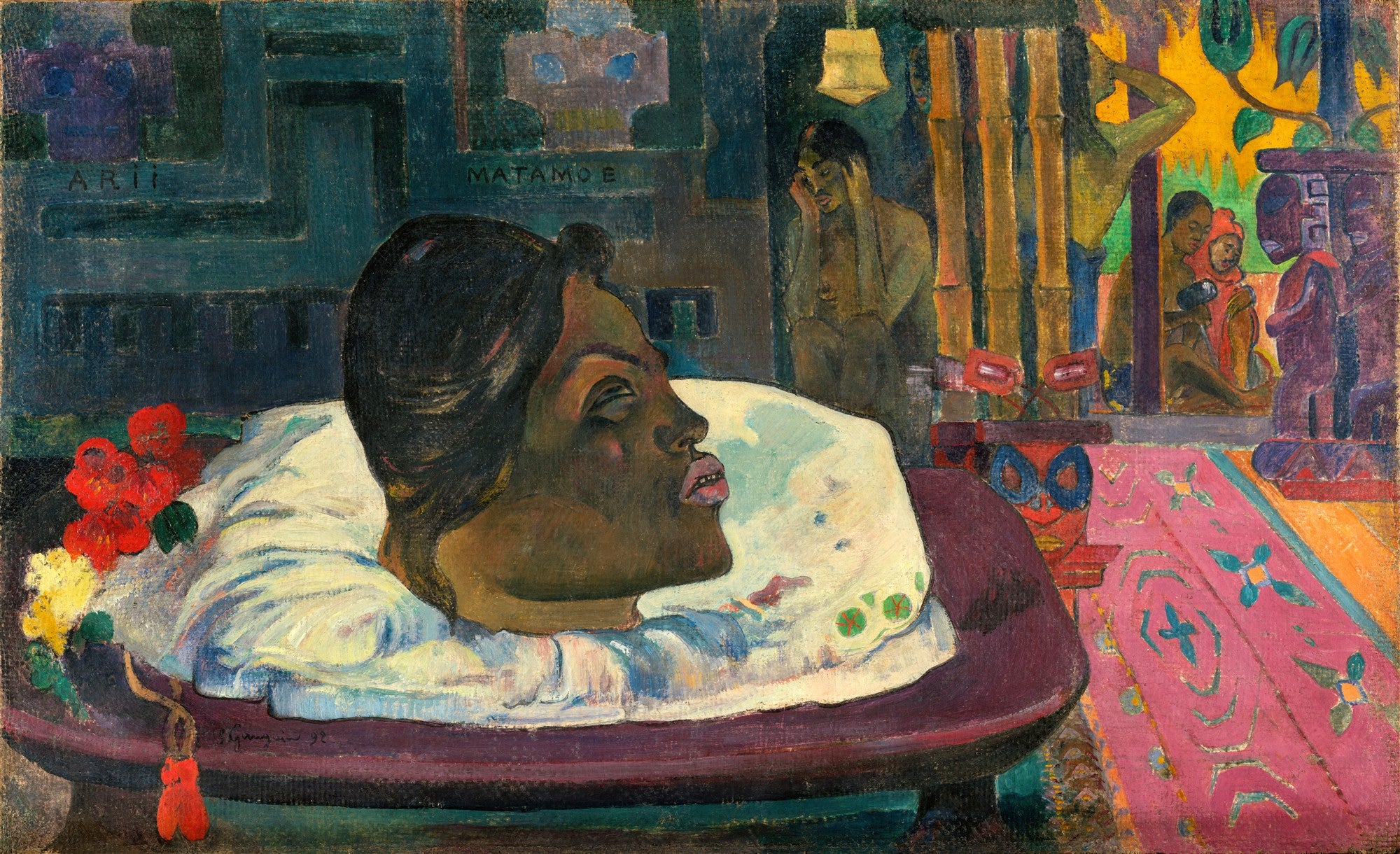 Quadro decorativo Arii Matamoe de Paul Gauguin, mostrando uma cabeça decepada em um travesseiro branco com flores, e figuras taitianas ao fundo. Cores escuras e vibrantes.