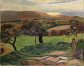 Quadro decorativo com paisagem rural atribuída a Paul Gauguin, mostrando colinas ondulantes, campos verdes, árvores, o mar ao fundo e figuras camponesas com animais.
