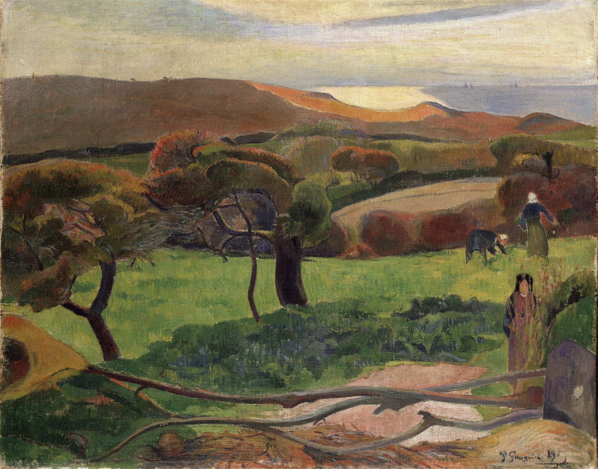 Quadro decorativo com paisagem rural atribuída a Paul Gauguin, mostrando colinas ondulantes, campos verdes, árvores, o mar ao fundo e figuras camponesas com animais.