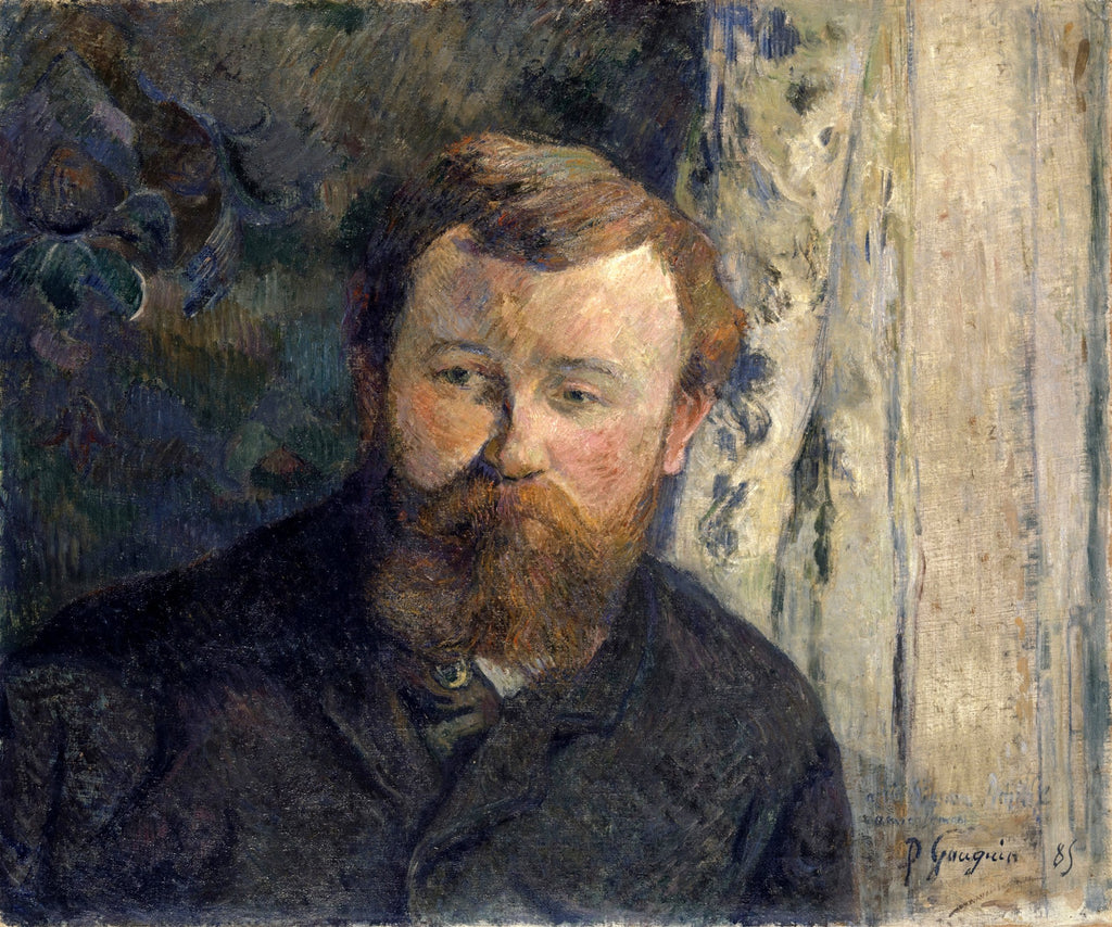Retrato de um homem barbudo, possivelmente Paul Gauguin, em estilo pós-impressionista com cores escuras e pinceladas visíveis.