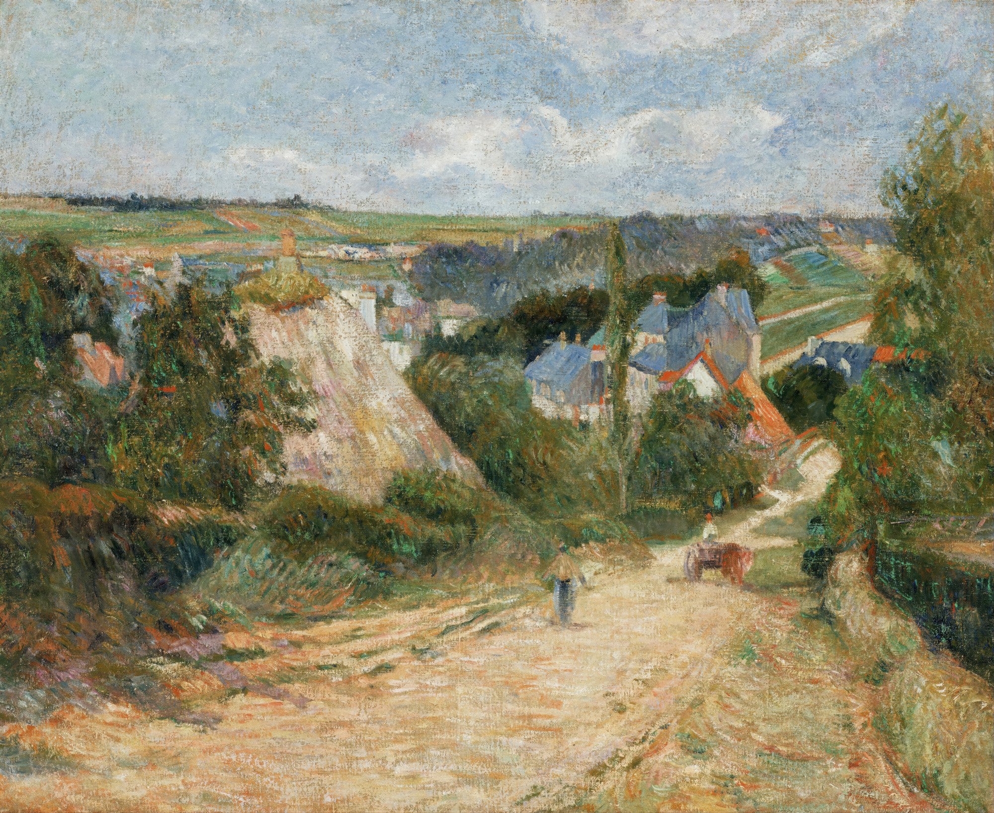 Quadro decorativo com paisagem rural francesa, uma estrada de terra serpenteando por um vilarejo com casas e árvores sob um céu claro, em estilo impressionista de Paul Gauguin.