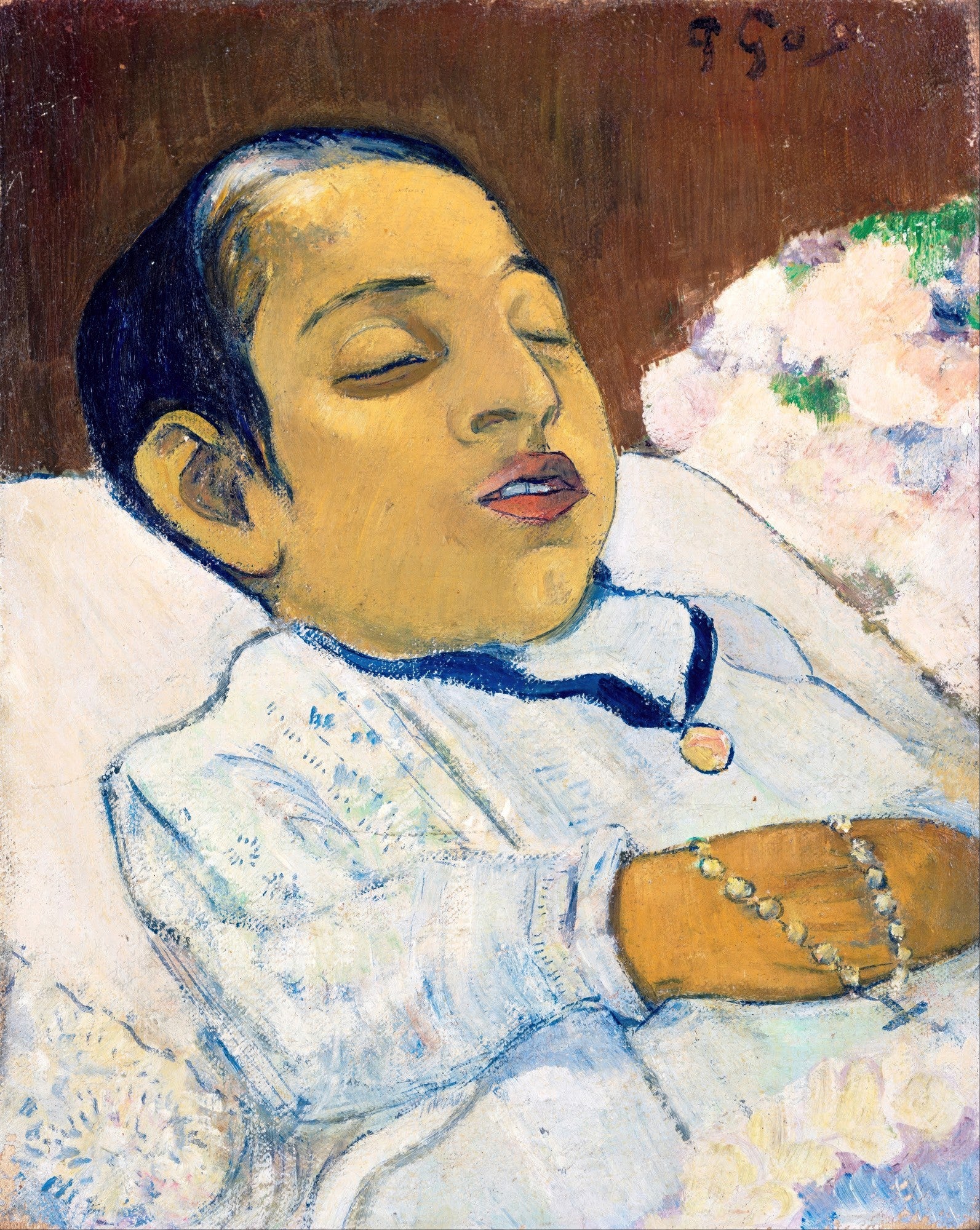 Quadro decorativo com pintura de uma criança adormecida, de Paul Gauguin, com pele amarelada e vestes brancas, segurando um rosário. A imagem transmite serenidade e calma.