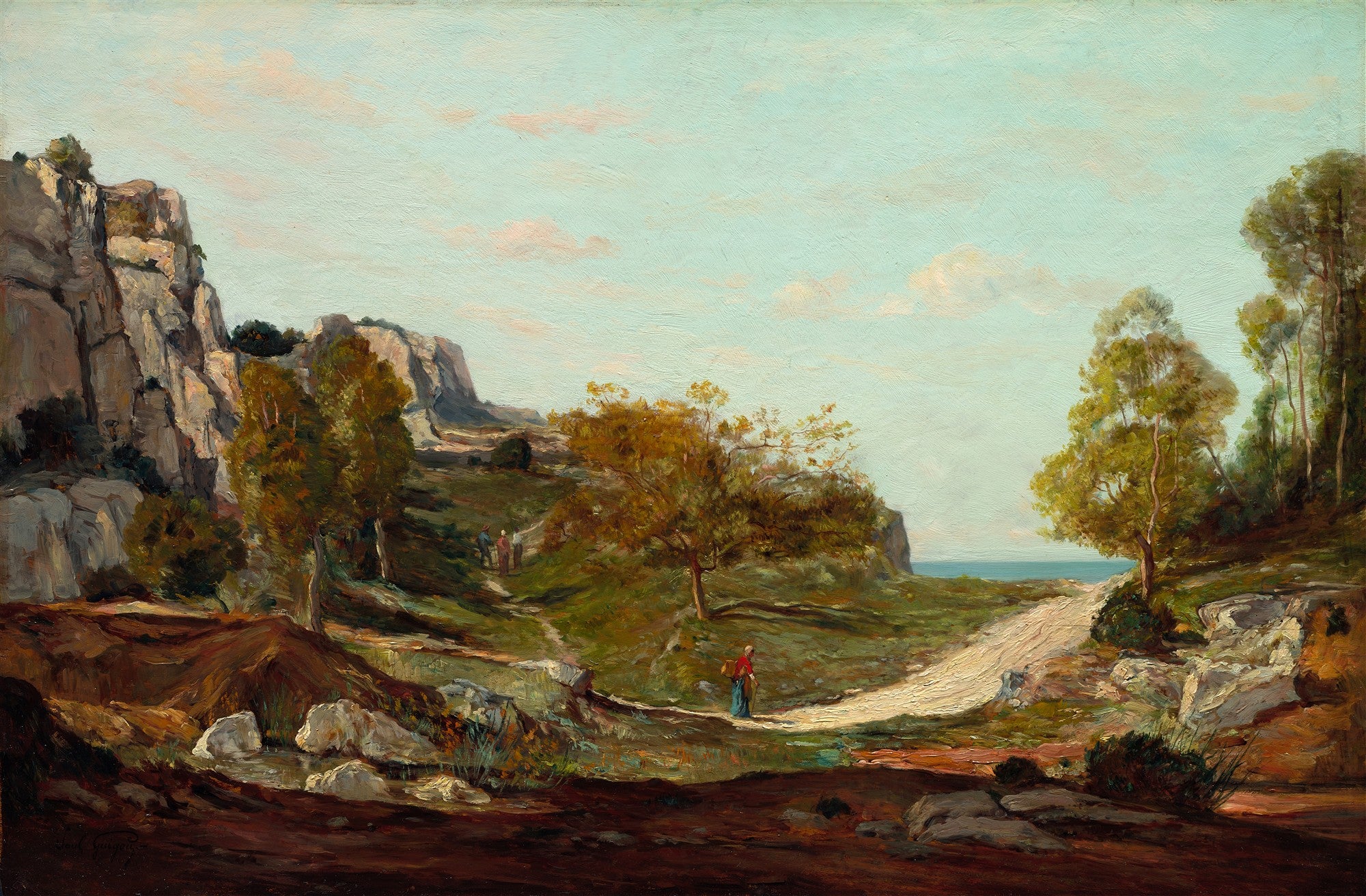 Pintura a óleo de paisagem rochosa com árvores, um caminho e figuras distantes, ao fundo o mar, atribuída a Paul Gauguin