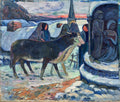 Quadro decorativo 'A Oferta de Neve' de Paul Gauguin. Cena de inverno com neve, figuras humanas, vacas e uma igreja ao fundo. Tons de azul, branco e marrom avermelhado.