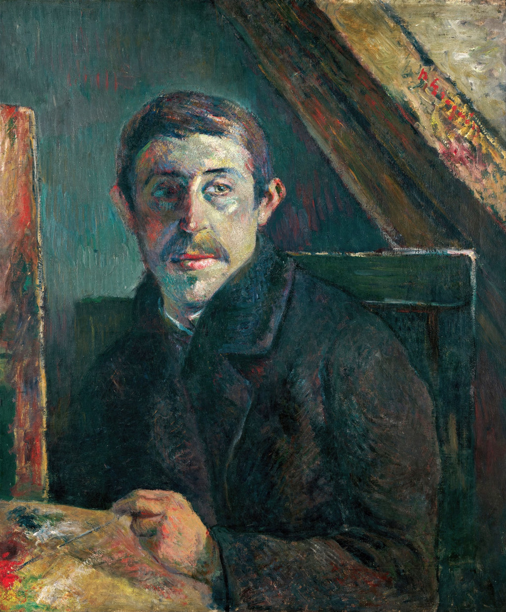 Autorretrato do artista Paul Gauguin segurando uma paleta de cores, com olhar penetrante e fundo escuro. A obra é caracterizada por pinceladas expressivas e cores vibrantes, típicas do Pós-Impressionismo.