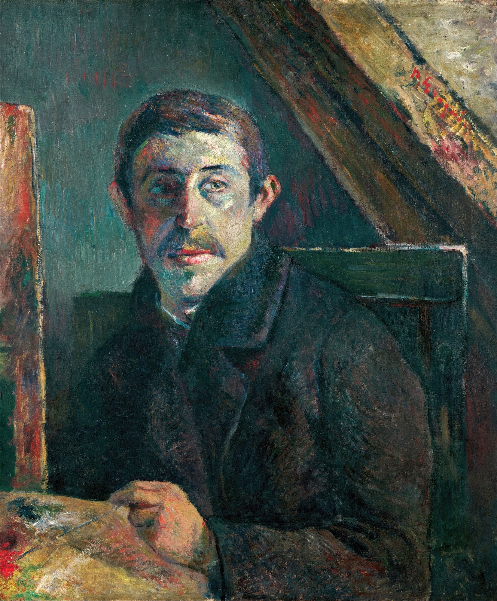 Autorretrato do artista Paul Gauguin segurando uma paleta de cores, com olhar penetrante e fundo escuro. A obra é caracterizada por pinceladas expressivas e cores vibrantes, típicas do Pós-Impressionismo.