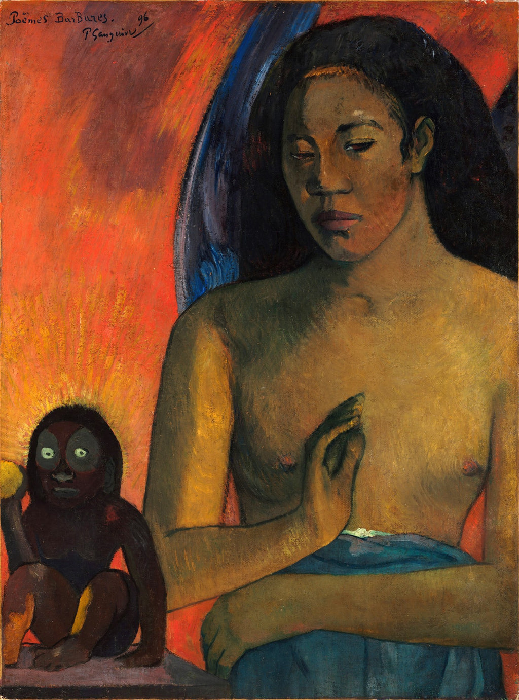 Quadro "Poèmes Barbares" de Paul Gauguin, mostrando uma figura feminina de pele escura, com torso nu e olhos fechados, ao lado de uma criatura simiesca de olhos arregalados, contra um fundo vibrante em tons de laranja e vermelho.