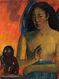 Quadro "Poèmes Barbares" de Paul Gauguin, mostrando uma figura feminina de pele escura, com torso nu e olhos fechados, ao lado de uma criatura simiesca de olhos arregalados, contra um fundo vibrante em tons de laranja e vermelho.