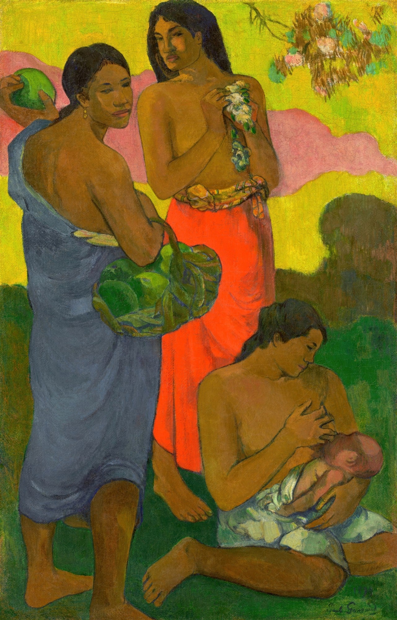 Quadro decorativo de Paul Gauguin, 'Arearea no Varua Ino', representando três mulheres nativas em um cenário tropical com cores vibrantes e estilo pós-impressionista.