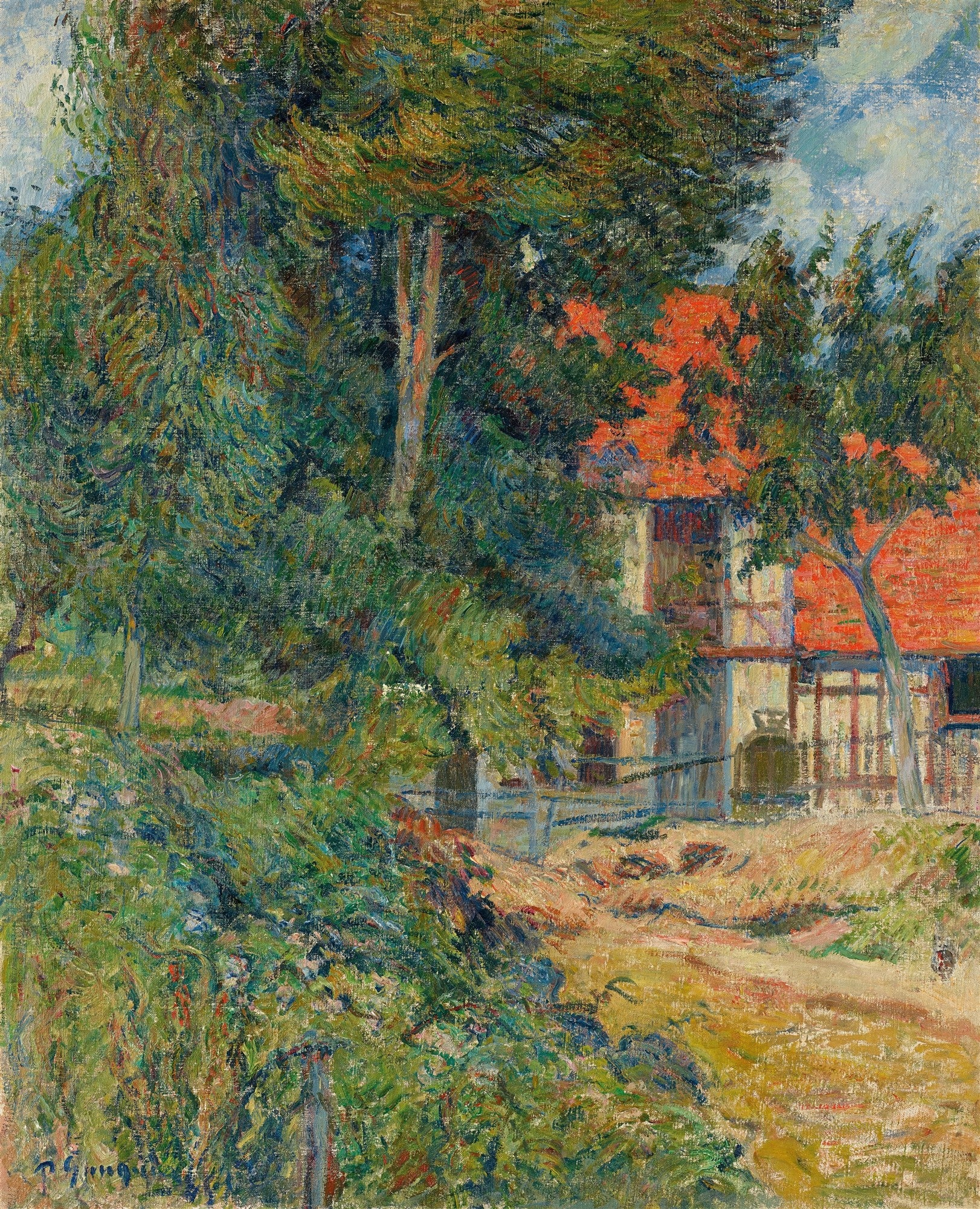 Quadro decorativo com paisagem rural pintada por Paul Gauguin, mostrando uma casa com telhado vermelho entre árvores verdes densas e um caminho de terra. A pincelada é visível e vibrante, característica do Pós-Impressionismo.