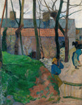Quadro decorativo 'A Casa Azul' de Paul Gauguin, representando uma casa azul e telhados vermelhos entre árvores sem folhas, com duas figuras rurais, uma delas com chapéu amarelo, em um caminho com vegetação verde e marrom avermelhada.