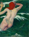 Quadro decorativo de Paul Gauguin, 'A Mulher nas Ondas', mostrando uma figura feminina nua de costas com cabelos vermelhos em um fundo verde aquático.
