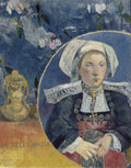 Retrato de 'La Belle Angèle' de Paul Gauguin, mostrando uma mulher bretã com touca branca e vestes escuras, com uma estatueta dourada à esquerda e fundo azul floral. A mulher tem um olhar sereno e as mãos entrelaçadas. A obra é de Paul Gauguin.