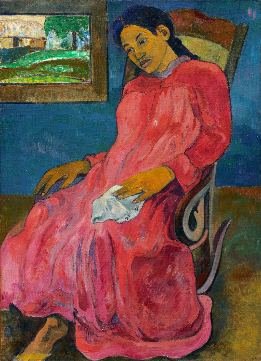 Quadro decorativo Mulher Sentada de Paul Gauguin, retratando uma figura feminina com vestido rosa sentada em uma cadeira de balanço, com paisagem ao fundo.