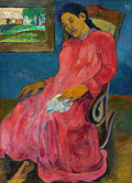 Quadro decorativo Mulher Sentada de Paul Gauguin, retratando uma figura feminina com vestido rosa sentada em uma cadeira de balanço, com paisagem ao fundo.
