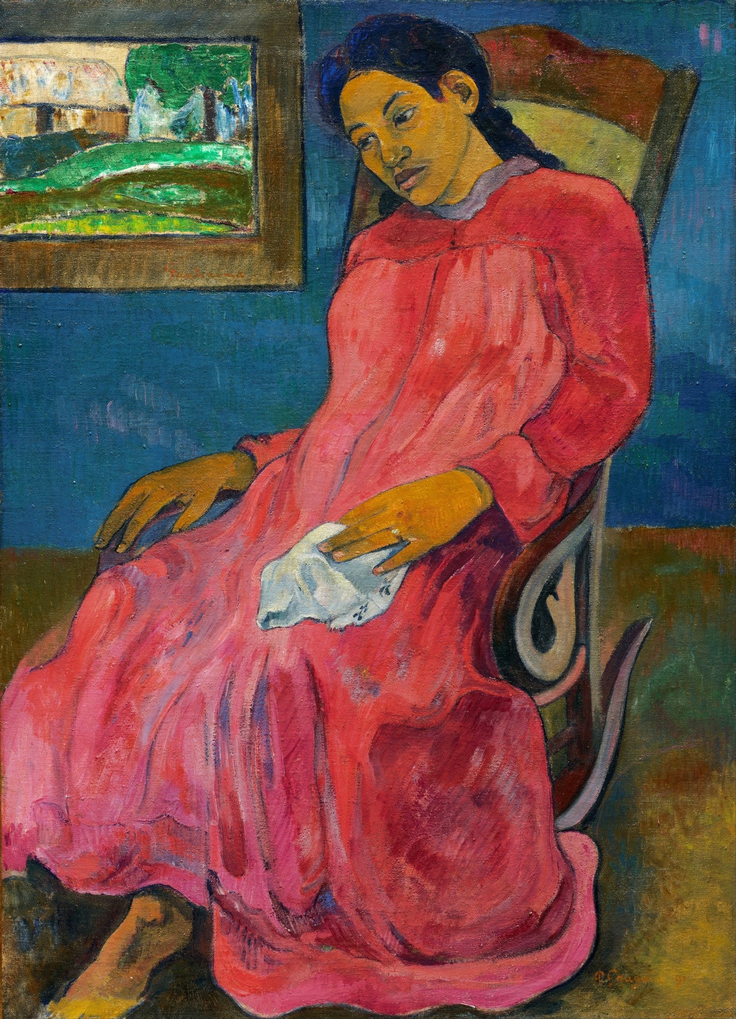 Quadro decorativo Mulher Sentada de Paul Gauguin, retratando uma figura feminina com vestido rosa sentada em uma cadeira de balanço, com paisagem ao fundo.