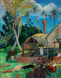 Quadro decorativo mostrando uma cena taitiana vibrante de Paul Gauguin, com palmeiras altas, uma cabana de palha, pessoas e animais, sob um céu azul intenso e nuvens brancas.