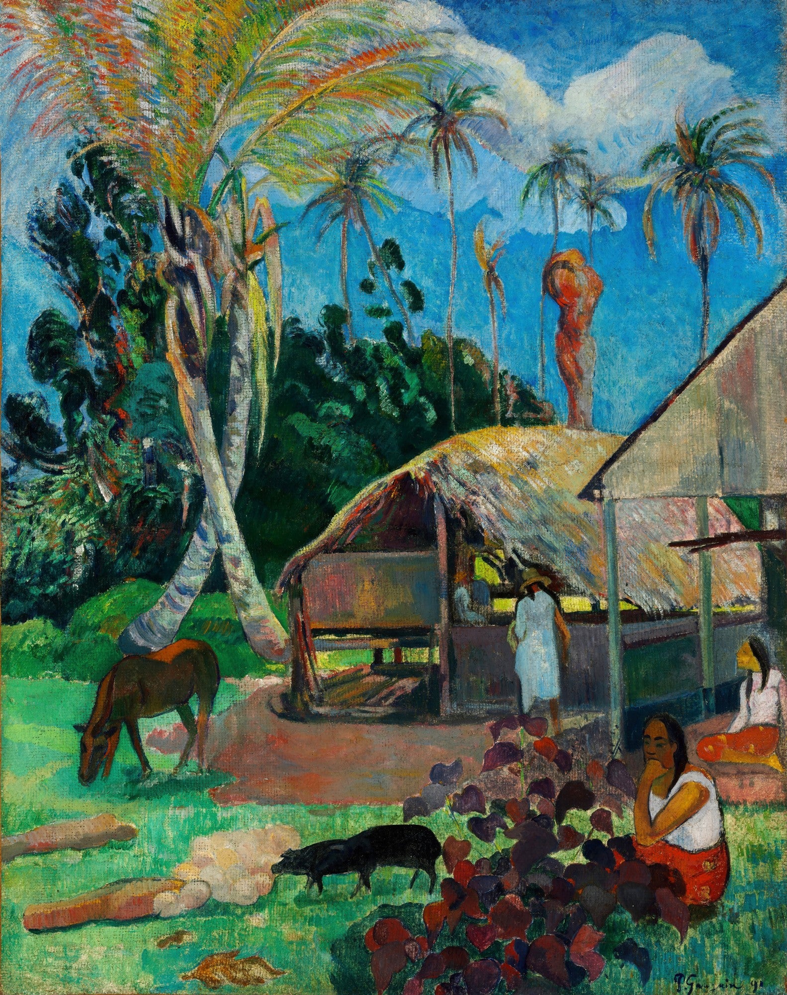 Quadro decorativo mostrando uma cena taitiana vibrante de Paul Gauguin, com palmeiras altas, uma cabana de palha, pessoas e animais, sob um céu azul intenso e nuvens brancas.