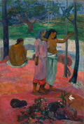 Quadro decorativo "Duas Mulheres Taitianas" de Paul Gauguin, mostrando três mulheres em um cenário tropical com tons de rosa, verde e azul.