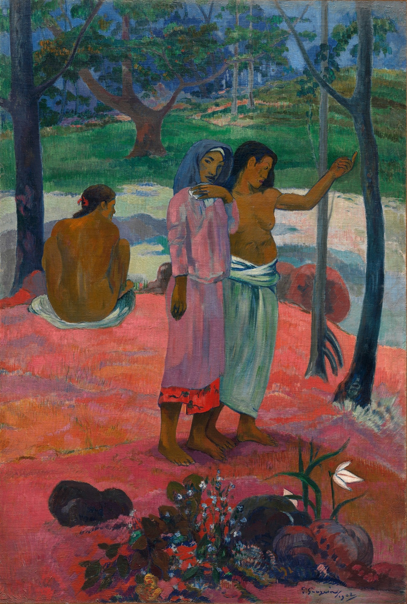 Quadro decorativo "Duas Mulheres Taitianas" de Paul Gauguin, mostrando três mulheres em um cenário tropical com tons de rosa, verde e azul.