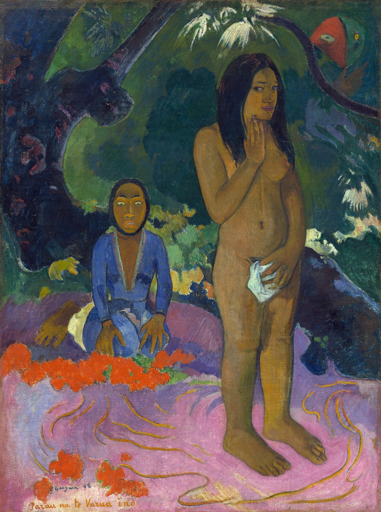 Pintura de Paul Gauguin, 'Tarau te Varua ino', mostrando uma mulher taitiana nua em pé e outra figura sentada à esquerda, com folhagem exuberante e flores vermelhas. Cores vibrantes e estilo pós-impressionista.