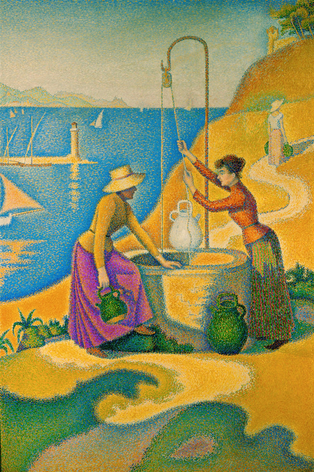 Quadro decorativo 'A Fonte' de Paul Signac, com duas mulheres próximas a um poço, com um farol e o mar ao fundo, em estilo pontilhista vibrante.