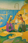 Quadro decorativo 'A Fonte' de Paul Signac, com duas mulheres próximas a um poço, com um farol e o mar ao fundo, em estilo pontilhista vibrante.