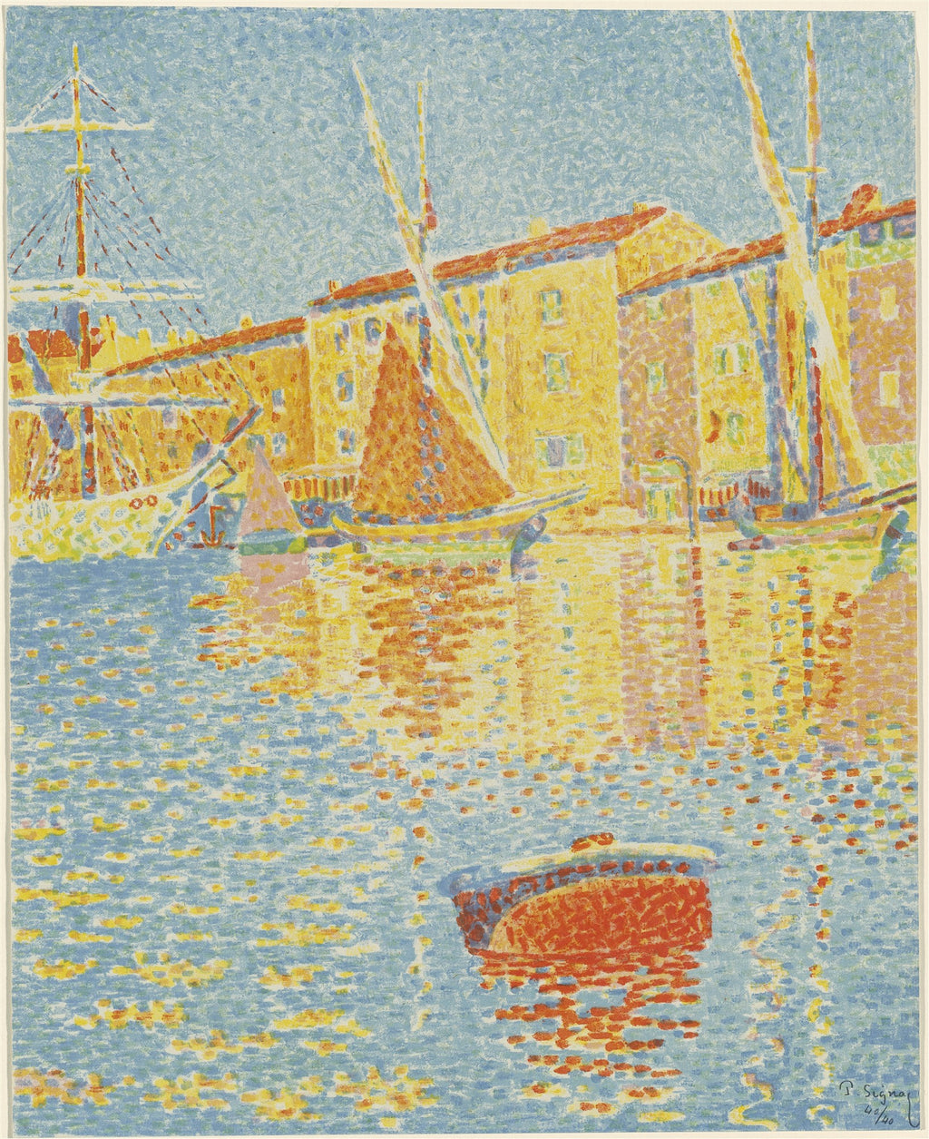 Quadro decorativo de Paul Signac, Port of Saint-Tropez, mostrando barcos no porto com edifícios amarelos e reflexos na água azul-clara, em estilo pontilhista.