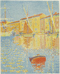 Quadro decorativo de Paul Signac, Port of Saint-Tropez, mostrando barcos no porto com edifícios amarelos e reflexos na água azul-clara, em estilo pontilhista.
