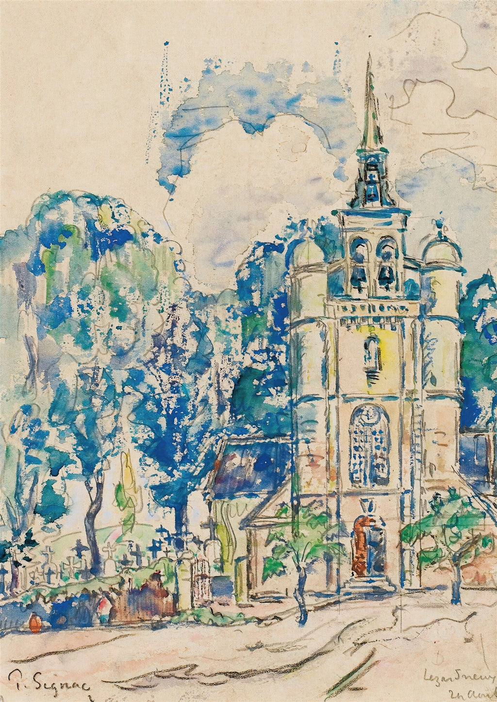 Aquarela de Paul Signac representando uma igreja de campanário alto com um cemitério ao lado, cercada por árvores com folhagem azul e verde vibrante, sob um céu claro e nublado. O caminho em primeiro plano leva à igreja.