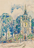 Aquarela de Paul Signac representando uma igreja de campanário alto com um cemitério ao lado, cercada por árvores com folhagem azul e verde vibrante, sob um céu claro e nublado. O caminho em primeiro plano leva à igreja.