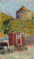 Quadro decorativo colorido de Paul Signac, "Carroções de Ciganos", retratando carruagens vermelhas e uma construção redonda em uma colina verde sob um céu claro.