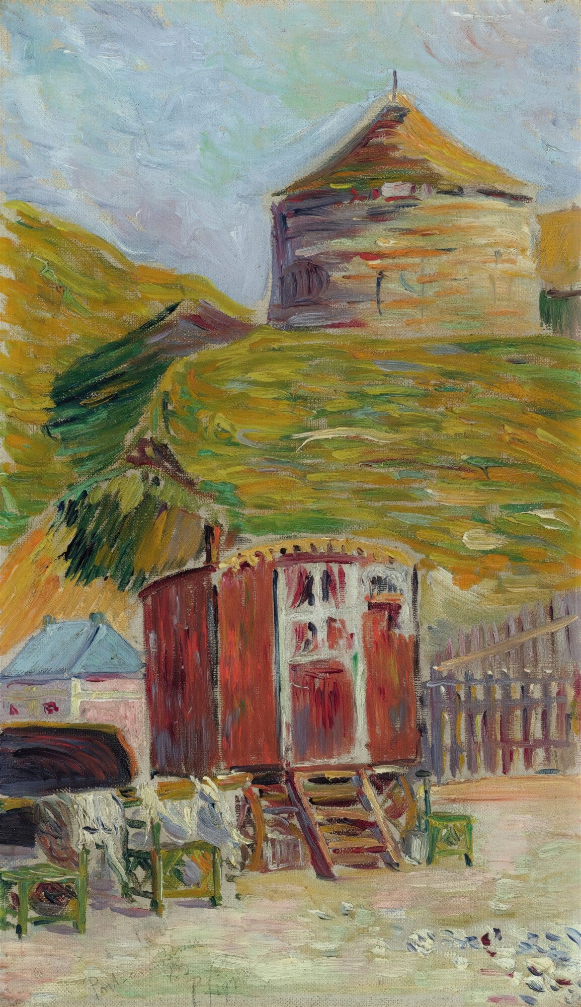 Quadro decorativo colorido de Paul Signac, "Carroções de Ciganos", retratando carruagens vermelhas e uma construção redonda em uma colina verde sob um céu claro.