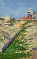 Pintura a óleo de Paul Signac retratando um campo verdejante com um moinho e casas ao fundo, sob um céu azul claro.