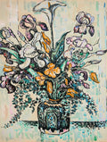 Quadro decorativo com arranjo floral vibrante em vaso escuro, assinado por P. Signac, com flores em tons de rosa, laranja e branco e folhagens verdes e azuis, sobre fundo claro.