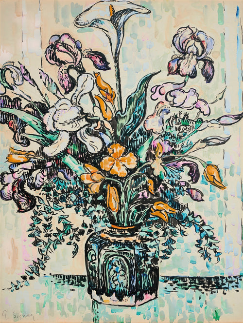 Quadro decorativo com arranjo floral vibrante em vaso escuro, assinado por P. Signac, com flores em tons de rosa, laranja e branco e folhagens verdes e azuis, sobre fundo claro.