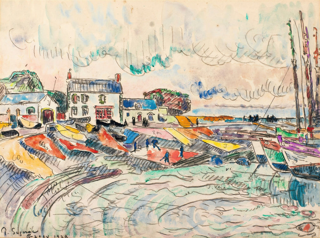 Quadro decorativo de Paul Signac, 'Port de Concarneau', representando um porto com casas, barcos coloridos e pessoas, em aquarela e lápis.