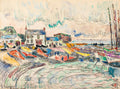 Quadro decorativo de Paul Signac, 'Port de Concarneau', representando um porto com casas, barcos coloridos e pessoas, em aquarela e lápis.