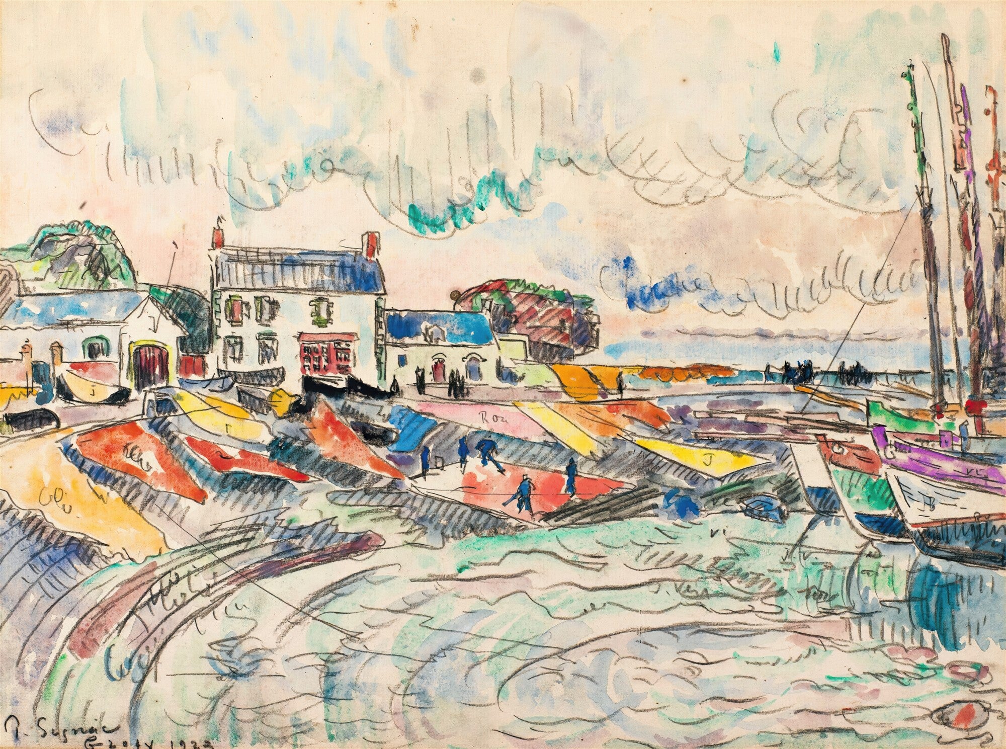 Quadro decorativo de Paul Signac, 'Port de Concarneau', representando um porto com casas, barcos coloridos e pessoas, em aquarela e lápis.