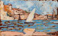 Quadro decorativo com pintura a óleo de Paul Signac, 'A Vela em Saint-Tropez', exibindo um veleiro branco em um mar azul vibrante com pinceladas soltas, e casas em tons pastel ao fundo sob um céu claro.