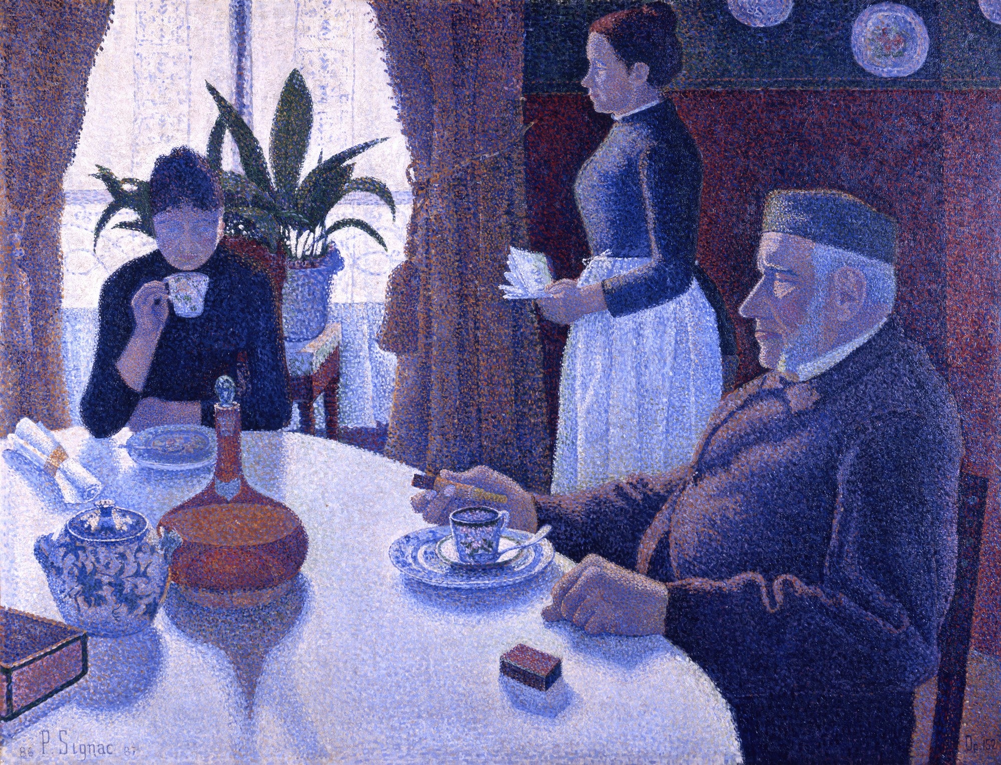 Quadro decorativo 'A Sala de Jantar' de Paul Signac, retratando três figuras em uma sala de jantar, com destaque para a técnica pontilhista e tons de azul, roxo e marrom.