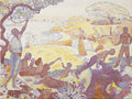 Pintura "A Idade de Ouro" de Paul Signac, mostrando figuras humanas em uma paisagem costeira idílica, com árvores, o mar e atividades de lazer em tons pastel e contornos marcados.