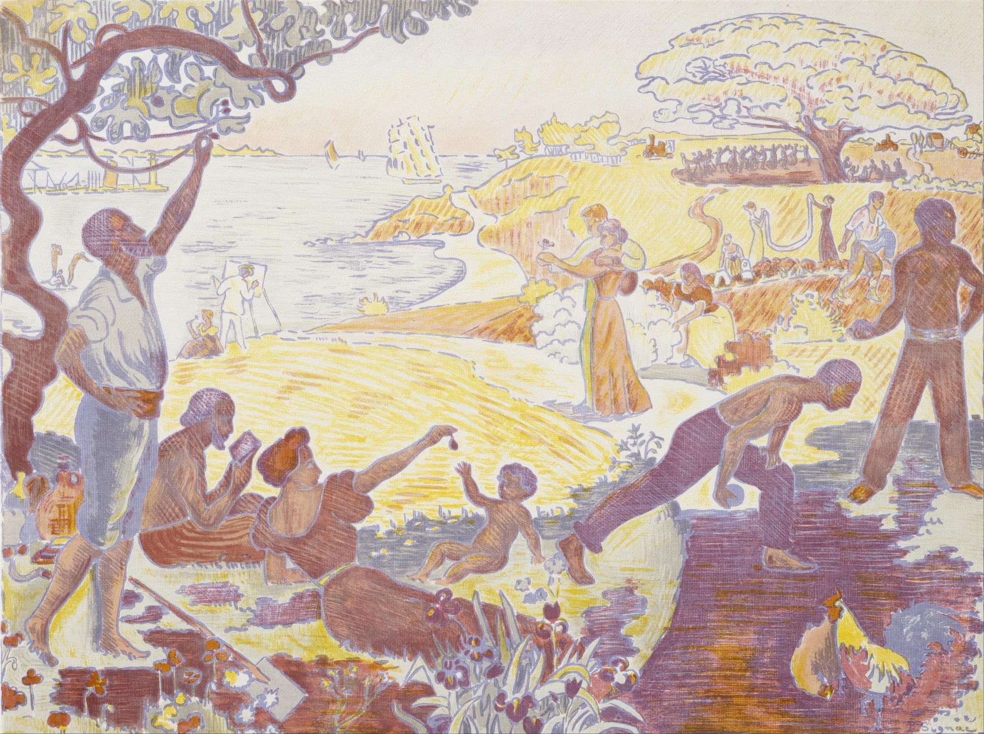 Pintura "A Idade de Ouro" de Paul Signac, mostrando figuras humanas em uma paisagem costeira idílica, com árvores, o mar e atividades de lazer em tons pastel e contornos marcados.