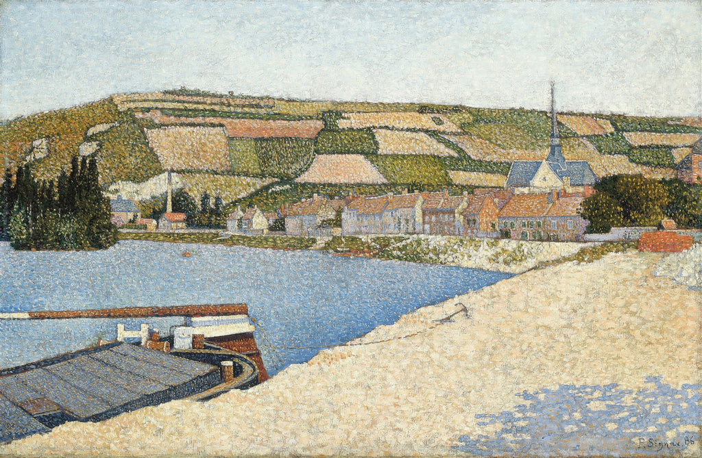 Pintura de Paul Signac com paisagem de porto em Les Andelys, com rio, casas e colinas pontilhadas