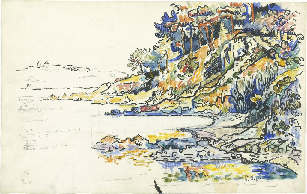 Quadro decorativo paisagem costeira de Paul Signac, exibindo um trecho de litoral com vegetação colorida em tons de verde, azul, amarelo e laranja, e o mar calmo com reflexos.